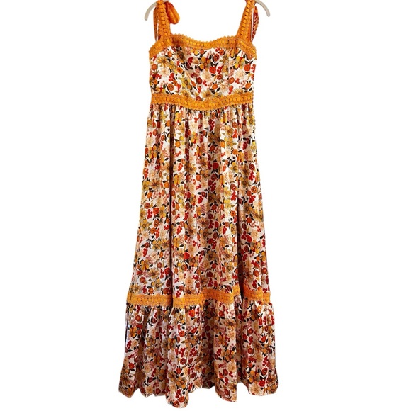 So Me Dresses & Skirts - Vibrant Floral Maxi Dress Orange Crochet Straps Tiered Lined Boho Festival Med
